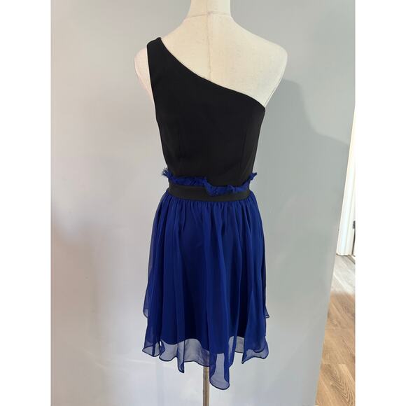 Jay Godfrey Black and Blue Color Block One Shoulder Silk Cocktail Dress Size 2 - Picture 2 of 5
